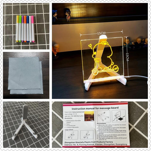 CAPOT Acrylic Dry Erase Board with Light, 5.9 X 5.9”, Glow Memo LED Letter Message Board with 7 Color Pen