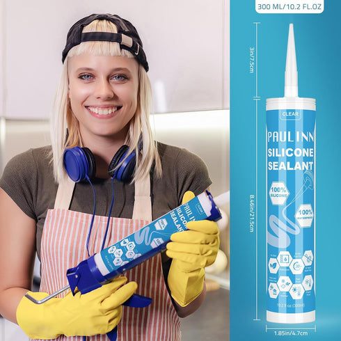 PAULINN Clear Silicone Sealant, 100% Waterproof Adhesive Caulk for Home, RV, Marine, 10.2 Oz, 1 Pack