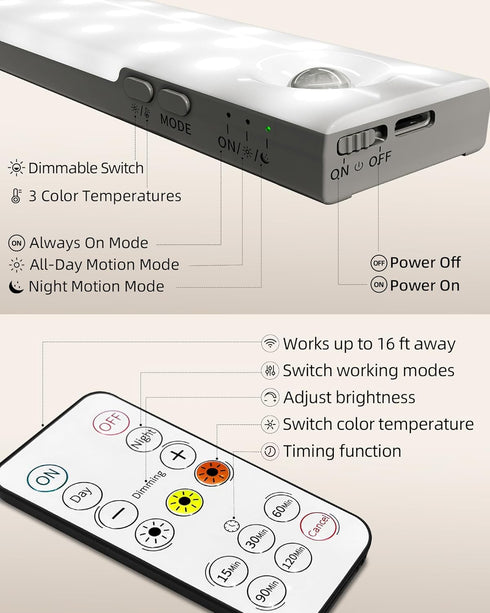 3-Pack 2000mAh 62LEDs, 3 Dimmable, Closet, EZVALO Under Cabinet Lighting, Rechargeable Wireless Motion Sensor Lights