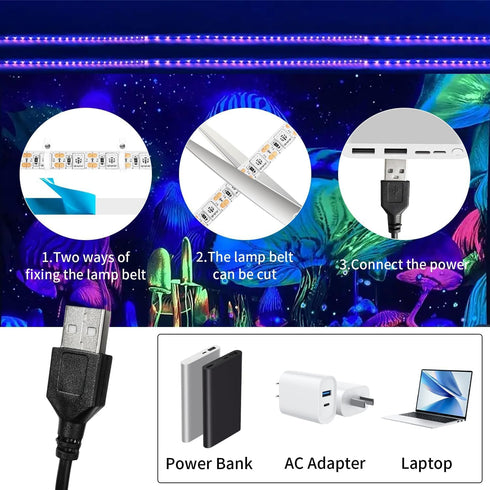2M/6.6ft 5V SMD5050 395nm-405nm iNextStation USB UV Black LED Light Strip, LEDs Waterproof LED Blacklight Strip