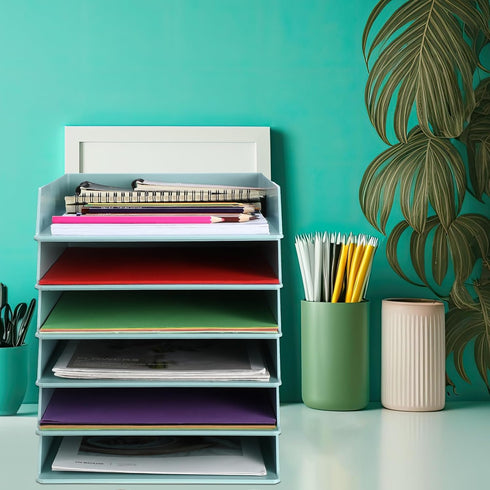 Tatuo 8 Pack Stackable Plastic Paper Trays, Desk Organizer for Classroom, Magazine File, and Documents (Blue Green)