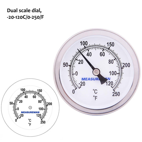 MEASUREMAN Hot Water Bi-Metal Thermometer, 2-1/2" Dial, 1-3/4" Lead-Free Brass Stem, Range 0-250 deg F