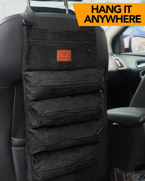 Roll Up Tool Bag, 16OZ Canvas Wrench Pouch, Multi-Purpose Tool Roll with 5 Zippered Pockets, Black