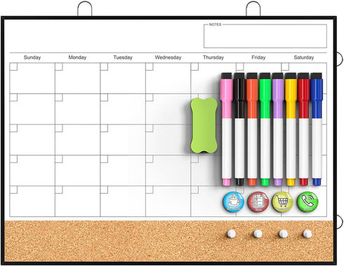 Dry Erase Calendar for Wall - 16"X12" Double-Sided Whiteboard Cork Board Combo, Small Hanging Magnetic Monthly Calendar