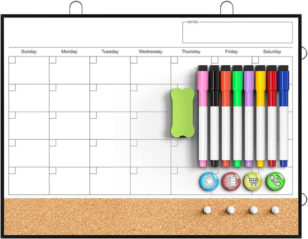 Dry Erase Calendar for Wall - 16"X12" Double-Sided Whiteboard Cork Board Combo, Small Hanging Magnetic Monthly Calendar