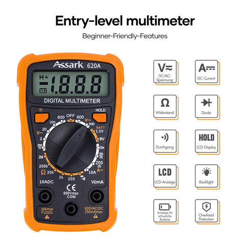 Digital Multimeter Voltage Tester, Assark 2000 Counts, Measures AC DC Voltage, DC Current, Volt Ohm Amp, Backlit LCD