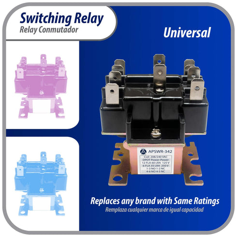 General Purpose Switching Relay APSWR-342, 90-342, 208-240 VAC Coil, DPDT for HVAC and Electrical Installations