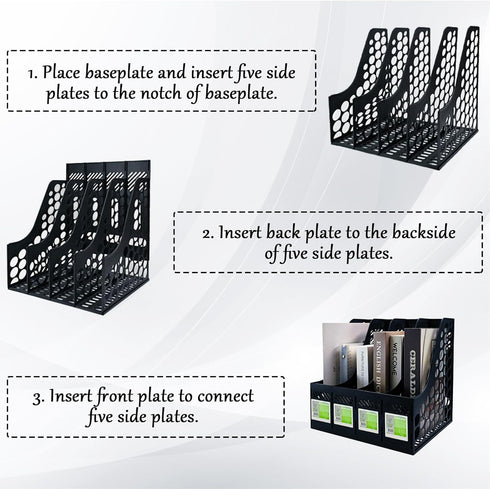 Magazine File Holder, Plastic 4 Compartments Desk Organizer for Office Storage, Vertical Binder Organizer (Black)