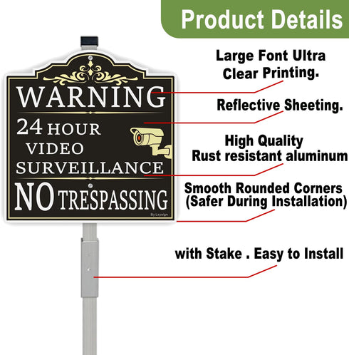 (2Pack) 36" 12 12 Inches 40Mil Large Video Surveillance Sign, No Trespassing Warning Sign, With Long Stake x Thick