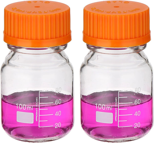 PATIKIL 2 Pack 100ml Borosilicate Glass Reagent Media Storage Bottles with Orange GL32 Screw Cap, Clear