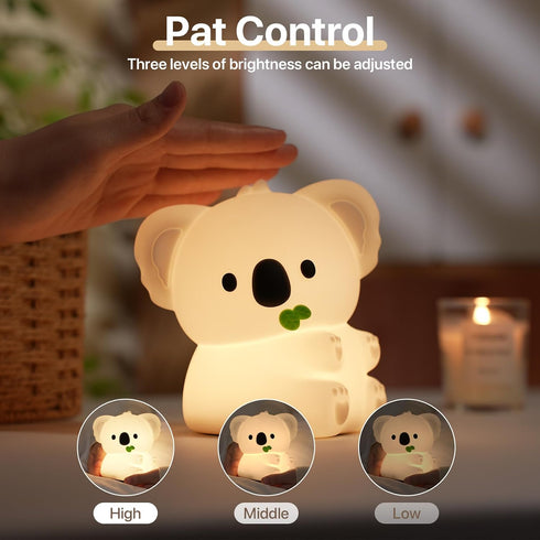 3 Dimmable Cute Koala Night Light for Kids Rechargeable, Battery Operated Nightlight Level with RGB&Timer, Silicone