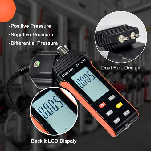 BTMETER Manometer HVAC Gas Pressure Tester 189A, Dual-Port Air Pressure Meter Gauge with Hose Kit
