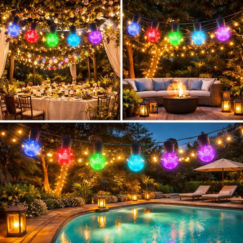 Waterproof,50FT 25LEDs G40 8 FREECUBE Solar String Lights Outdoor Warm White & Multicolor Hanging Lights Globe Solar