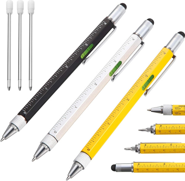 Zonon 3 Pieces Present Pen for Men, Multi-Tool 6 in 1 Mini Ballpoint with Refills for Graduation (Black, Yellow, Silver)