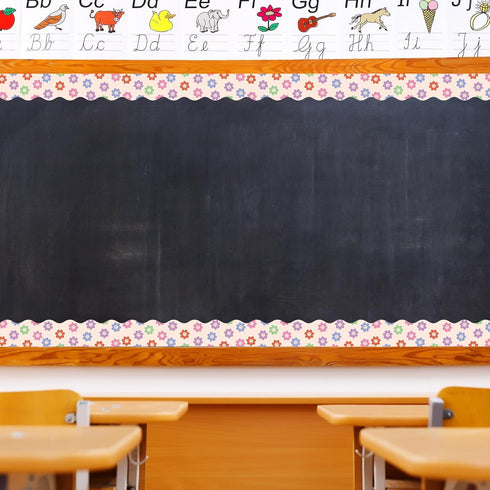 Whaline 196.8ft Pastel Boho Bulletin Board Borders, Daisy Flower Checkered Die-Cut Trim for Classroom Office