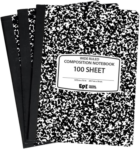 EPI Wide Ruled Black Marble Composition Notebook, 100 Sheets, 3-Pack
