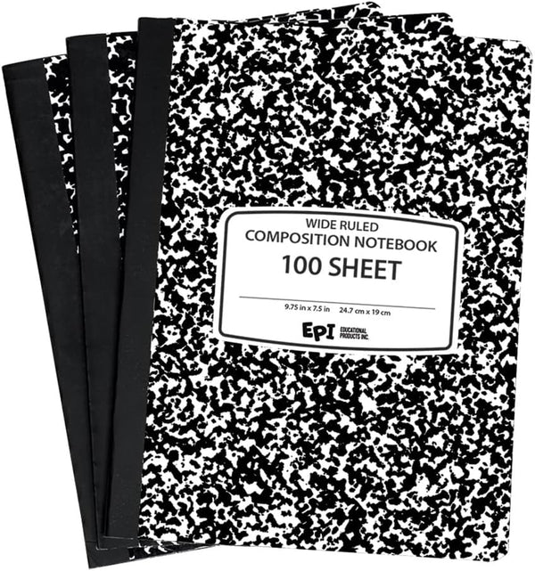 EPI Wide Ruled Black Marble Composition Notebook, 100 Sheets, 3-Pack