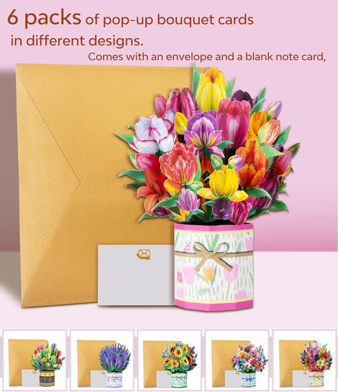 Set 6 3D Pop Up Flower Bouquet Card for Women Unique Floral Designs with Envelopes & Separate Blank Note Cards, Forever