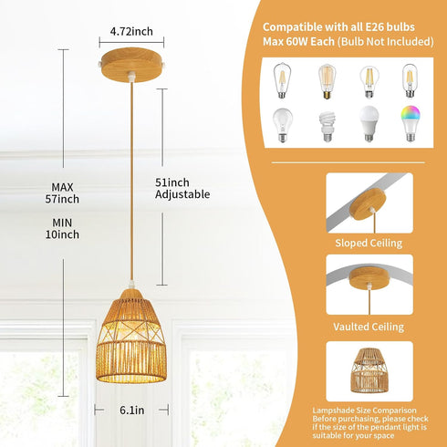 Boho Rattan Pendant Light Kitchen Island,Farmhouse Chandeliers Adjustable Height Hanging lamp for Dining Room,Small