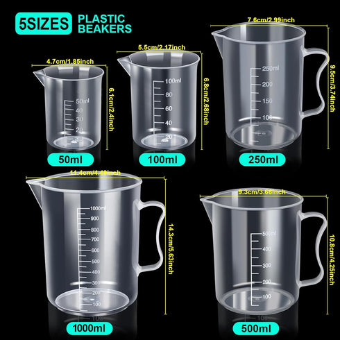 Teenitor Graduated Cylinder Plastic Beaker, 5pcs Plastic Graduated Cylinder 10ml 25ml 50ml 100ml 250ml and 5pcs Plastic Beakers 50ml 100ml 250ml 500ml1000ml Clear 10pcs