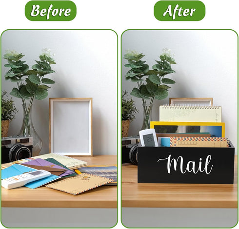 DRASTAR Wooden Mail Organizer with 3 Slots, Black Countertop Mail Holder, Desktop Sorter for Home Office Accessories