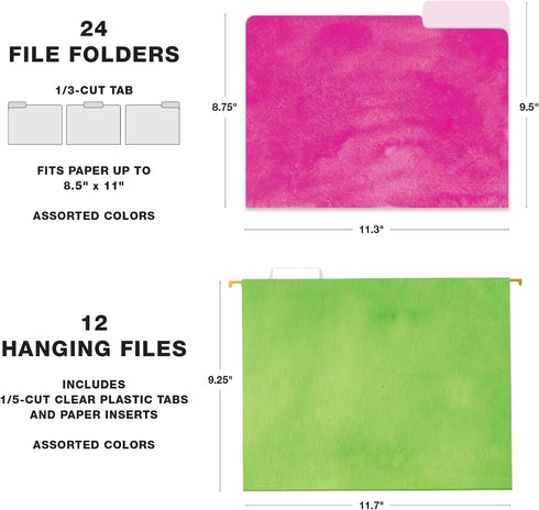 Global Printed Products Deluxe Designer Hanging File Folder Kit - Includes Metal Hanging Basket, 12 Hanging Folders, 24