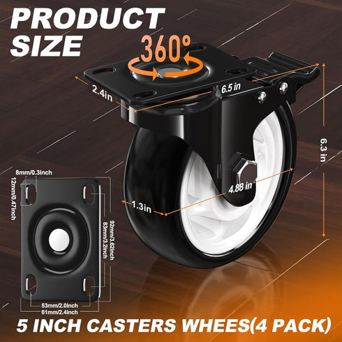 5 Inch 2600lbs (Set 4) Heavy Duty Casters, Capacity of - Industrial Swivel Caster Wheels with Brakes for Workbenches