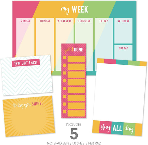 Bright Motivational Sticky Note Ensemble Set / 5 Notepad Set - 50 Sheets Per Pad/Modern and Sassy Repositionable Notepad Desk Set