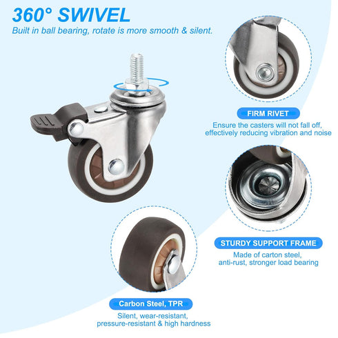 2 Inch 4 Pack 360 M8 15 mm 231 Lbs PATIKIL Stem Casters Wheel with Brake, Low Profile TPR Threaded Swivel Wheel Quiet
