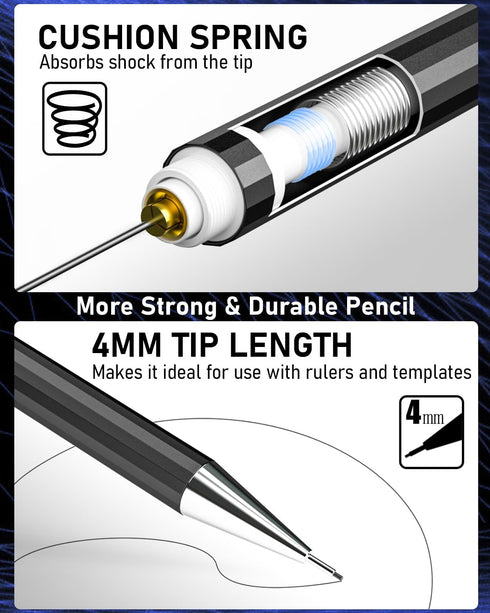 Nicpro 6 PCS Art Mechanical Pencil Set, Black Metal Drafting Pencils 0.3-0.9mm & 2PCS 2mm Graphite Lead Holder