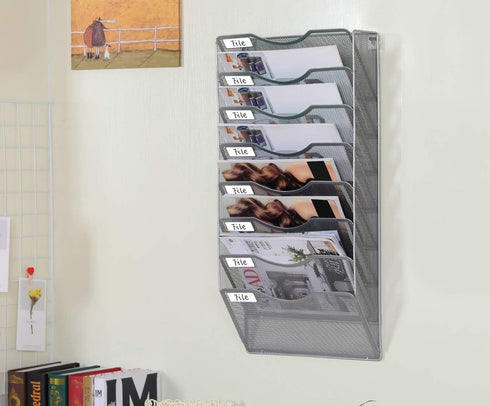 EasyPAG Wall File Organizer, 8 Tier Hanging File Holder for Home Office, Silver