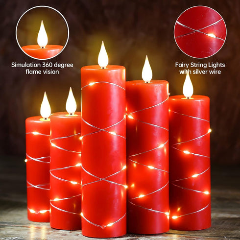 Candles,Set 5 Upinmz Red Flameless Candle with Remote Control and Timer,Flickering Battery Operated Candles with String