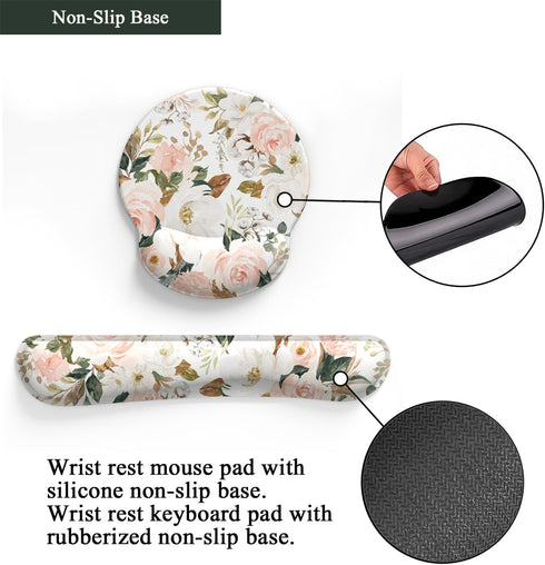 Pink Flower Desktop Mat, Aesthetic Wrist Support Keyboard Mouse Wrist Rest Set for Comfortable Typing & Pain Relief
