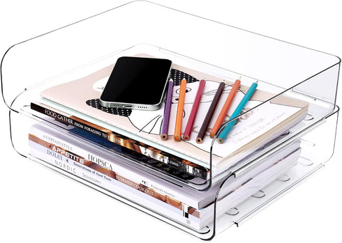 Tomorotec Desk Letter Tray Set, A4 Size Clear PET Stackable Document Organizer, Side Load Anti-Skid Support (2X
