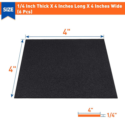 MAGZO 6Pcs Adhesive Foam Padding 1/4 in Thick X 4 in X 4 in - Black Neoprene Rubber Self Stick Anti Vibration Pads