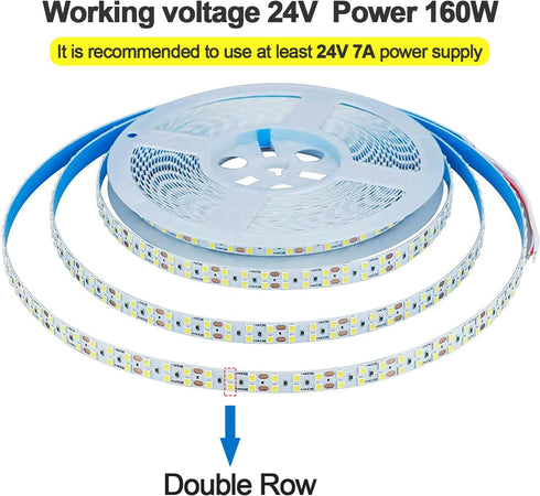 24V 32.8ft/10M 6000K 2400LEDs 2835SMD 160W 11000LM IP20 Double Row LED Strip Light Cool White High Brightness