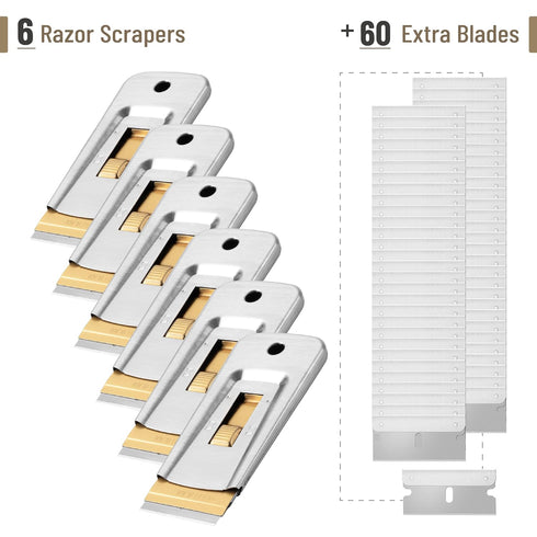 Pack 6, 60 Bates Choice Metal Razor Blade Scraper Tool, of Extra Carbon Steel Blades, Stainless Steel Heavy-Duty