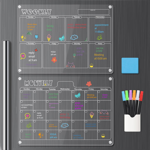 Hivillexun 16.5"x12" Clear Acrylic Magnetic Dry Erase Calendar Board, Monthly & Weekly Planner, 6 Markers & Large Eraser