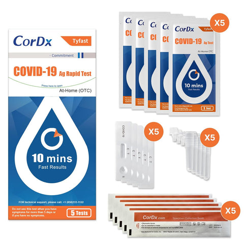 19 10 (5-Pack) CorDx TyFast at Home COVID Antigen Rapid Test Kit, Easy, Accurate, Fast Results in Minutes.