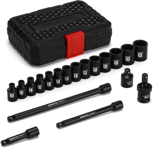 EMENTOL 1/4 Inch Drive Magnetic Impact Socket Set, 19-Piece Metric, 4-15mm, 6