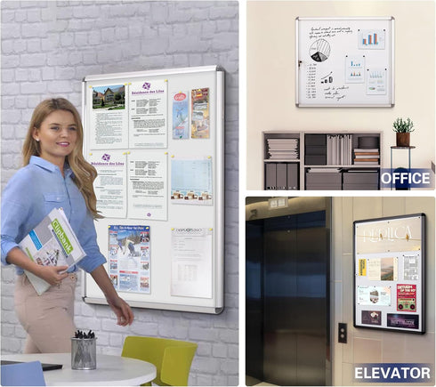 Swansea Enclosed Bulletin Board, Dry Erase Noticeboard, Lockable Display Boards, White with Aluminium Frame, 20x16inch