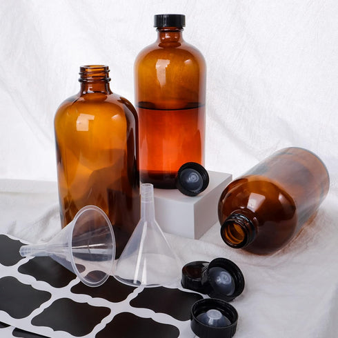 12 Pack 16 oz Amber Boston Round Glass Bottles with Black Caps for Kombucha Fermentation and Lab Chemicals (2 Funnels