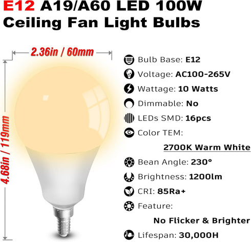 ALIDE E12 A19 A60 Bulbs 100w 2700K White,E12 Bulbs 10W 1200lm Dimmable,3Pcs LED Ceiling Fan Light Equivalent Warm Small