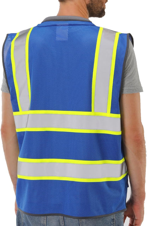 Reflective Safety Vest Blue Mesh, High Visibility Vest with Pockets and Zipper, Padded Neck, Blue with Yellow Trim L