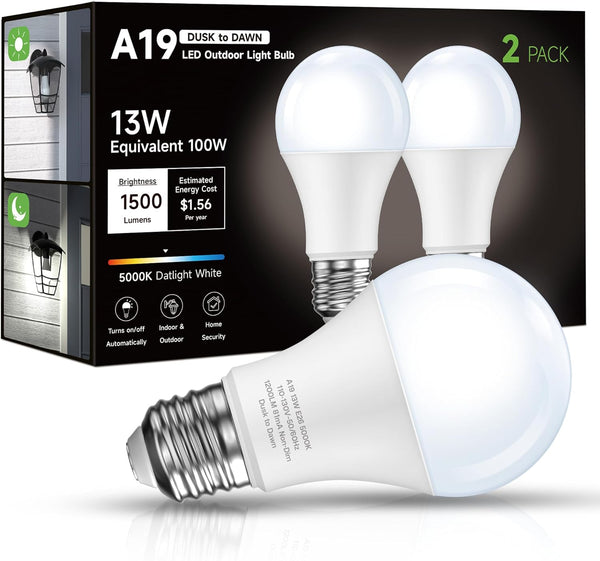 Dusk to Dawn Sensor LED Outdoor Light Bulb, Daylight White 5000K, A19