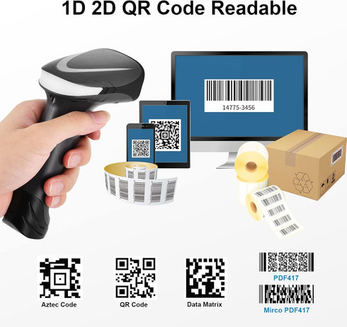 Bluetooth QR Barcode Scanner, PDF417 Rechargeable Wireless Code Scanner, Connects to Smart Phone, Tablet, PC
