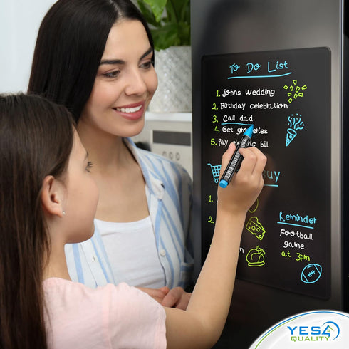 Magnetic Black Dry Erase Board for Fridge, 17 x 11 inch, Stain-Resistant with Neon Chalk Markers & Eraser