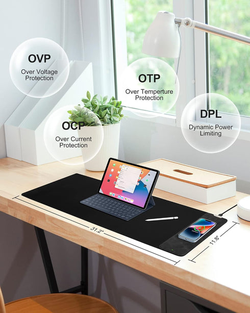 Mouse Pad with Wireless Charging, Black Long Desk Mat, Large Gaming Mouse Pad with Non-Slip Rubber Base