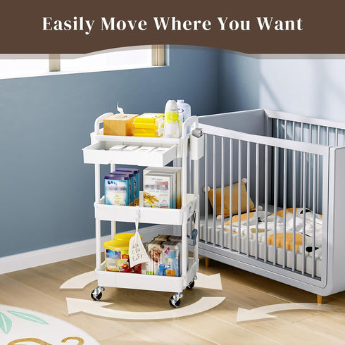 Rolling Utility Cart with Drawer, 3 Tier Storage Organizer with Lockable Wheels for Kitchen, Bathroom, Office
