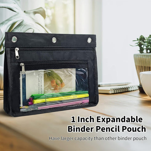 YoeeJob 2 Pack 1 Inch Expandable Zipper Pencil Pouches with Clear Window for 3 Ring Binder, Suitable for School &